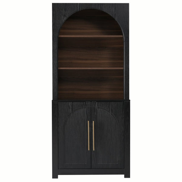 English Elm 70.87 Inch Tall Black Bookcase with Arched Cabinet Doors and Open Shelving for Any Room N751S910488B