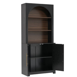English Elm 70.87 Inch Tall Black Bookcase with Arched Cabinet Doors and Open Shelving for Any Room N751S910488B