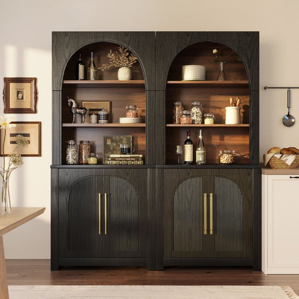 English Elm 70.87 Inch Tall Black Bookcase with Arched Cabinet Doors and Open Shelving for Any Room N751S910488B