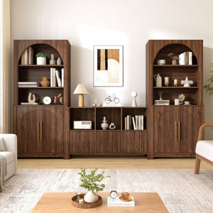 English Elm 3-Piece Arched Bookcase Set with Fluted Cabinet Doors and Open Shelving for Living Rooms Walnut N751S910489A