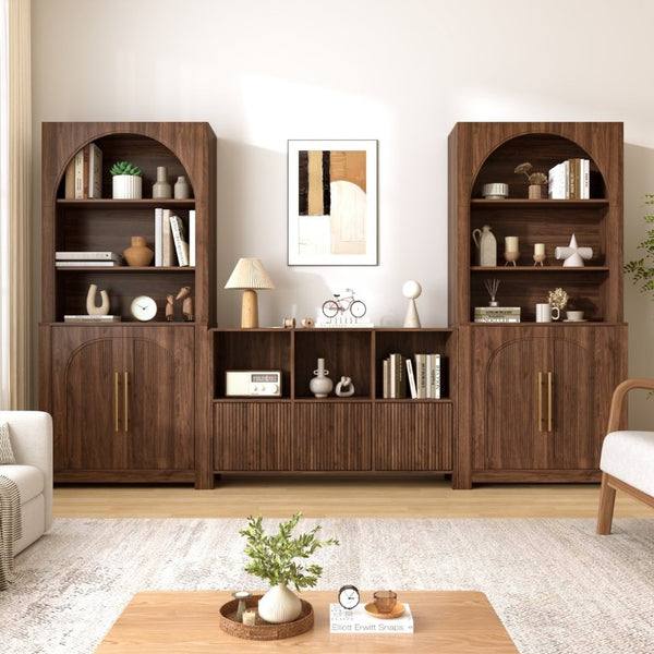 English Elm 3-Piece Arched Bookcase Set with Fluted Cabinet Doors and Open Shelving for Living Rooms Walnut N751S910489A