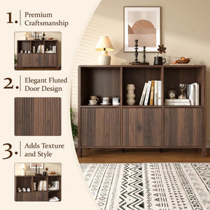 English Elm 3-Piece Arched Bookcase Set with Fluted Cabinet Doors and Open Shelving for Living Rooms Walnut N751S910489A