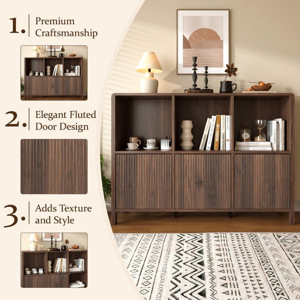 English Elm 3-Piece Arched Bookcase Set with Fluted Cabinet Doors and Open Shelving for Living Rooms Walnut N751S910489A