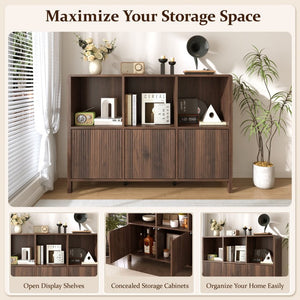 English Elm 3-Piece Arched Bookcase Set with Fluted Cabinet Doors and Open Shelving for Living Rooms Walnut N751S910489A