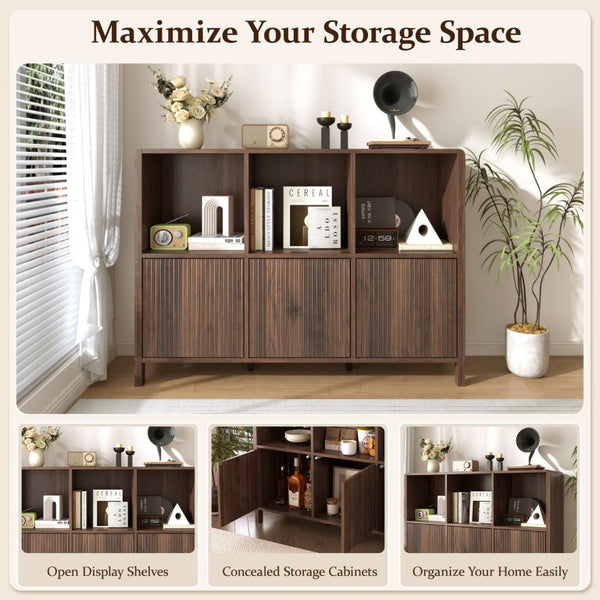 English Elm 3-Piece Arched Bookcase Set with Fluted Cabinet Doors and Open Shelving for Living Rooms Walnut N751S910489A