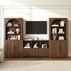 English Elm 3-Piece Arched Bookcase Set with Fluted Cabinet Doors and Open Shelving for Living Rooms Walnut N751S910489A