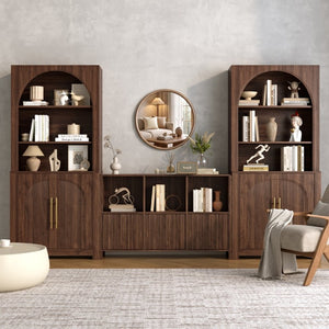 English Elm 3-Piece Arched Bookcase Set with Fluted Cabinet Doors and Open Shelving for Living Rooms Walnut N751S910489A