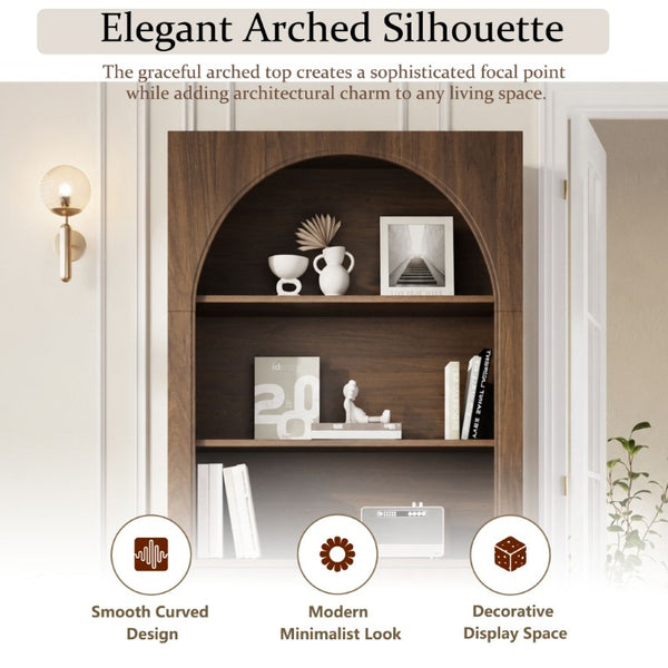 English Elm 3-Piece Arched Bookcase Set with Fluted Cabinet Doors and Open Shelving for Living Rooms Walnut N751S910489A