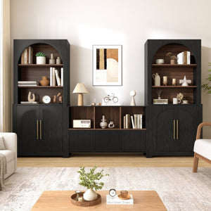 English Elm 3-Piece Arched Bookcase Set with Fluted Cabinet Doors and Open Shelving for Living Rooms Black N751S910489B