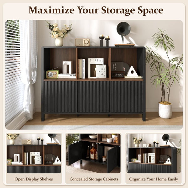 English Elm 3-Piece Arched Bookcase Set with Fluted Cabinet Doors and Open Shelving for Living Rooms Black N751S910489B