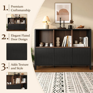 English Elm 3-Piece Arched Bookcase Set with Fluted Cabinet Doors and Open Shelving for Living Rooms Black N751S910489B