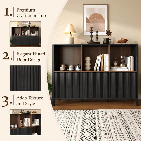 English Elm 3-Piece Arched Bookcase Set with Fluted Cabinet Doors and Open Shelving for Living Rooms Black N751S910489B