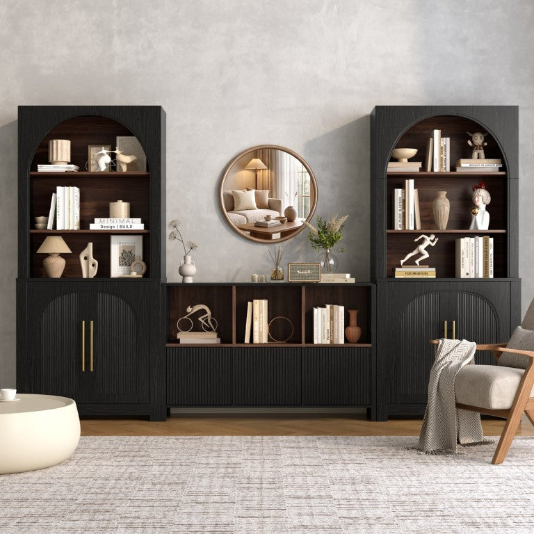 English Elm 3-Piece Arched Bookcase Set with Fluted Cabinet Doors and Open Shelving for Living Rooms Black N751S910489B