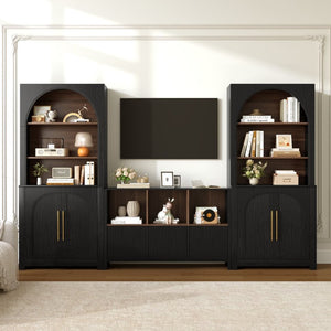 English Elm 3-Piece Arched Bookcase Set with Fluted Cabinet Doors and Open Shelving for Living Rooms Black N751S910489B