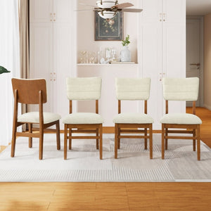 English Elm Upholstered Mid-Century Dining Chairs Set of 4 with Ergonomic Back and Rubberwood Legs Beige+Brown N752P469079A
