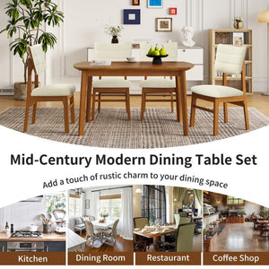 English Elm Upholstered Mid-Century Dining Chairs Set of 4 with Ergonomic Back and Rubberwood Legs Beige+Brown N752P469079A