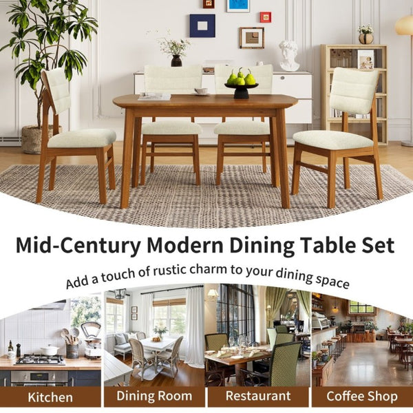 English Elm Upholstered Mid-Century Dining Chairs Set of 4 with Ergonomic Back and Rubberwood Legs Beige+Brown N752P469079A