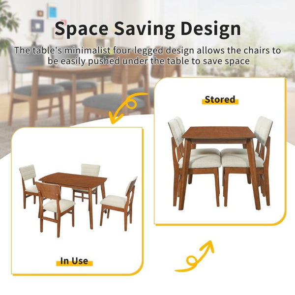 English Elm Upholstered Mid-Century Dining Chairs Set of 4 with Ergonomic Back and Rubberwood Legs Beige+Brown N752P469079A