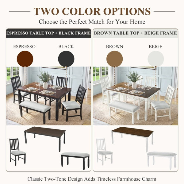 English Elm 59-77 Extendable Dining Table Oak Veneer Top Rubberwood Legs Seats Six Modern Farmhouse Beige+Brown N752P472075D