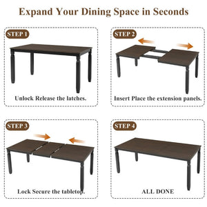 English Elm 59-77 Extendable Dining Table Oak Veneer Top Rubberwood Legs Seats Six Modern Farmhouse Black+Espresso N752P472075P