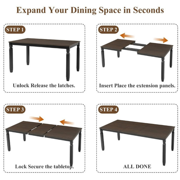 English Elm 59-77 Extendable Dining Table Oak Veneer Top Rubberwood Legs Seats Six Modern Farmhouse Black+Espresso N752P472075P