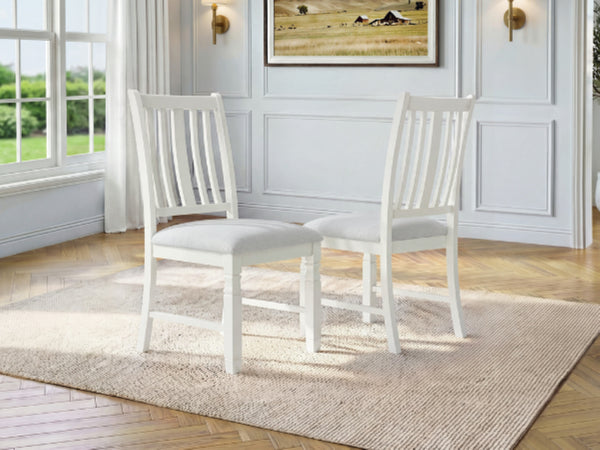 English Elm Set of 2 Farmhouse Slat Back Dining Chairs with Linen Seat and White Rubberwood Frame Beige N752P472079A