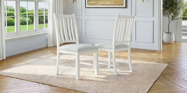 English Elm Set of 2 Farmhouse Slat Back Dining Chairs with Linen Seat and White Rubberwood Frame Beige N752P472079A