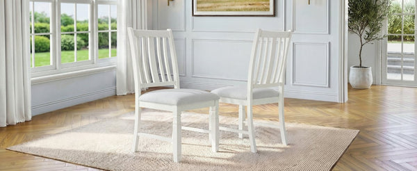 English Elm Set of 2 Farmhouse Slat Back Dining Chairs with Linen Seat and White Rubberwood Frame Beige N752P472079A