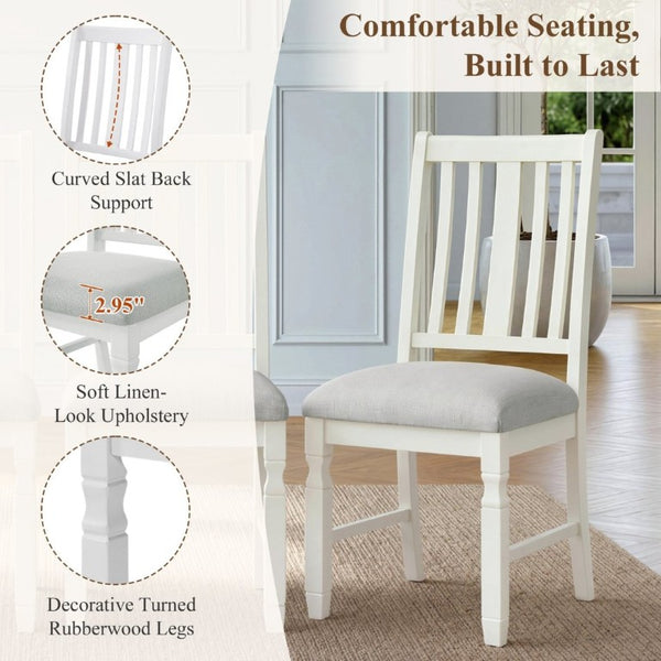 English Elm Set of 2 Farmhouse Slat Back Dining Chairs with Linen Seat and White Rubberwood Frame Beige N752P472079A