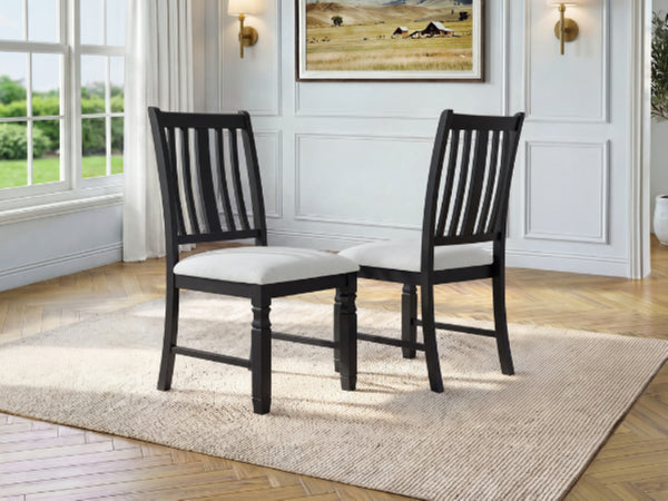 English Elm Set of 2 Farmhouse Slat Back Dining Chairs with Linen Seat and White Rubberwood Frame Beige+Black N752P472079B