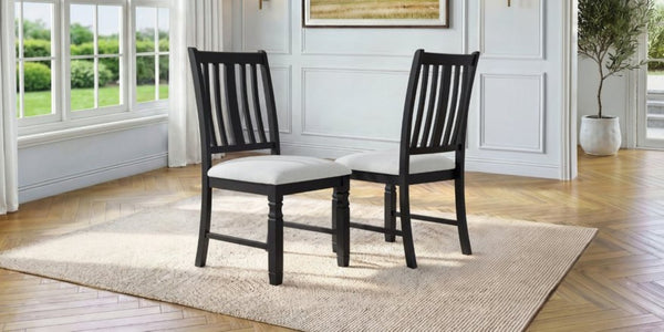 English Elm Set of 2 Farmhouse Slat Back Dining Chairs with Linen Seat and White Rubberwood Frame Beige+Black N752P472079B