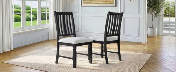 English Elm Set of 2 Farmhouse Slat Back Dining Chairs with Linen Seat and White Rubberwood Frame Beige+Black N752P472079B