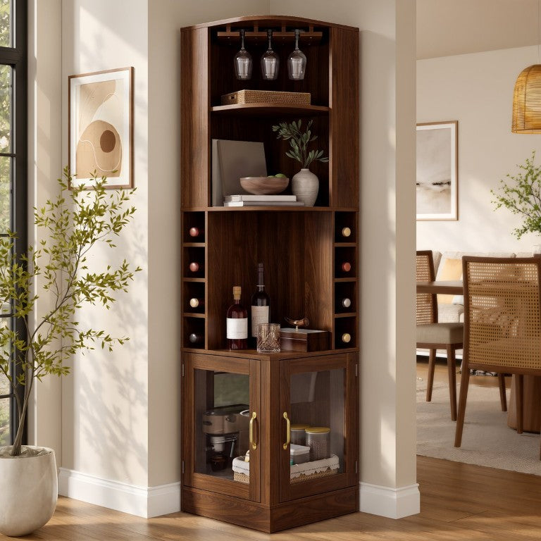 English Elm 70 Inch Corner Bar Cabinet with Stemware Rack Wine Cubbies and Tempered Glass Doors Walnut+Gold N752P508255D
