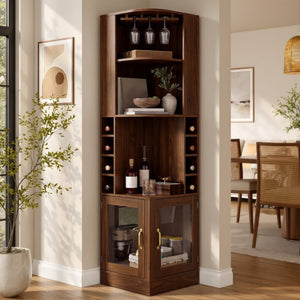 English Elm 70 Inch Corner Bar Cabinet with Stemware Rack Wine Cubbies and Tempered Glass Doors Walnut+Gold N752P508255D