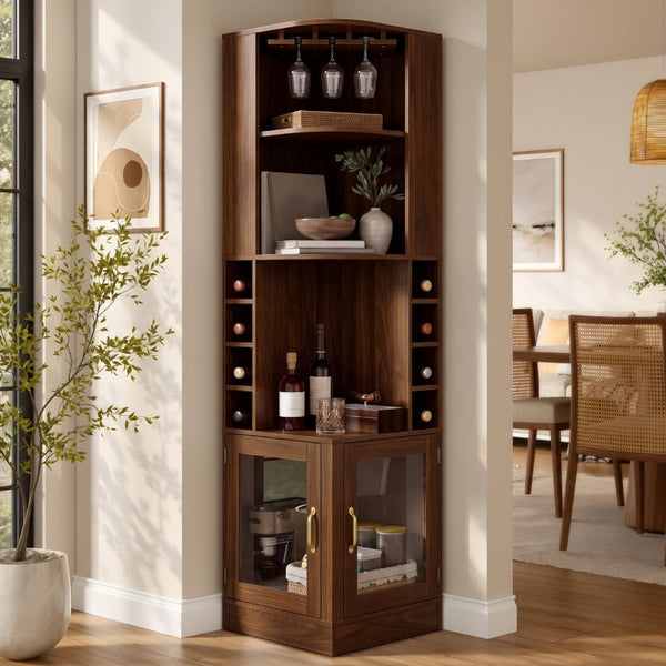 English Elm 70 Inch Corner Bar Cabinet with Stemware Rack Wine Cubbies and Tempered Glass Doors Walnut+Gold N752P508255D