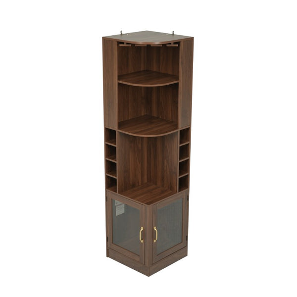 English Elm 70 Inch Corner Bar Cabinet with Stemware Rack Wine Cubbies and Tempered Glass Doors Walnut+Gold N752P508255D