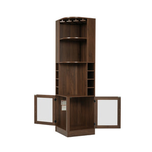 English Elm 70 Inch Corner Bar Cabinet with Stemware Rack Wine Cubbies and Tempered Glass Doors Walnut+Gold N752P508255D