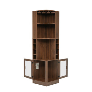 English Elm 70 Inch Corner Bar Cabinet with Stemware Rack Wine Cubbies and Tempered Glass Doors Walnut+Gold N752P508255D