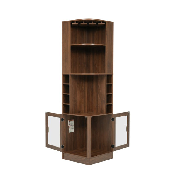 English Elm 70 Inch Corner Bar Cabinet with Stemware Rack Wine Cubbies and Tempered Glass Doors Walnut+Gold N752P508255D