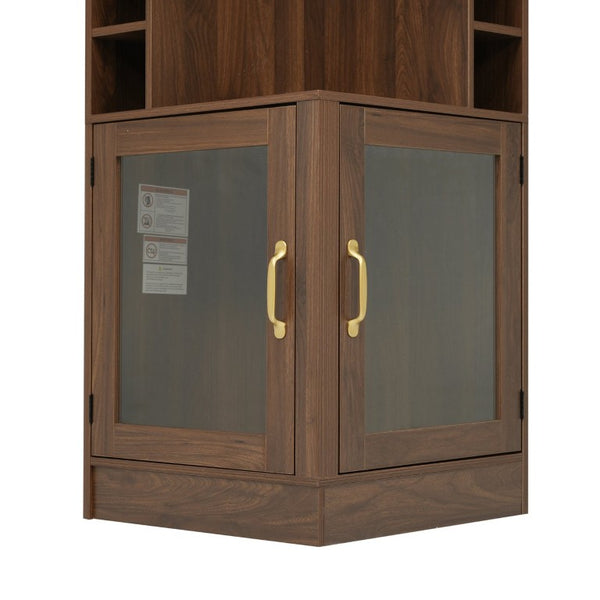 English Elm 70 Inch Corner Bar Cabinet with Stemware Rack Wine Cubbies and Tempered Glass Doors Walnut+Gold N752P508255D