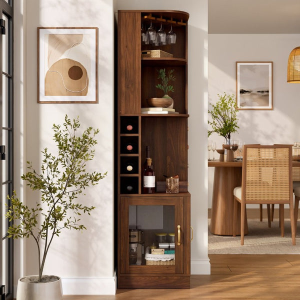English Elm 70 Inch Corner Bar Cabinet with Stemware Rack Wine Cubbies and Tempered Glass Doors Walnut+Gold N752P508255D