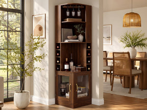 English Elm 70 Inch Corner Bar Cabinet with Stemware Rack Wine Cubbies and Tempered Glass Doors Walnut+Gold N752P508255D