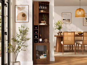 English Elm 70 Inch Corner Bar Cabinet with Stemware Rack Wine Cubbies and Tempered Glass Doors Walnut+Gold N752P508255D