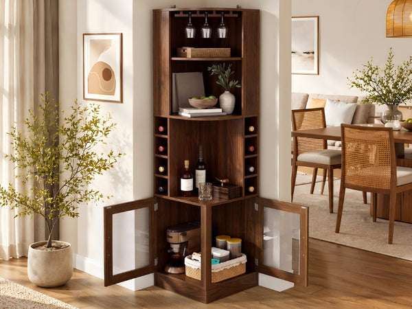English Elm 70 Inch Corner Bar Cabinet with Stemware Rack Wine Cubbies and Tempered Glass Doors Walnut+Gold N752P508255D
