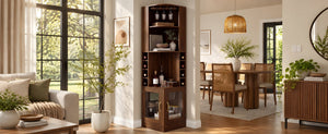 English Elm 70 Inch Corner Bar Cabinet with Stemware Rack Wine Cubbies and Tempered Glass Doors Walnut+Gold N752P508255D