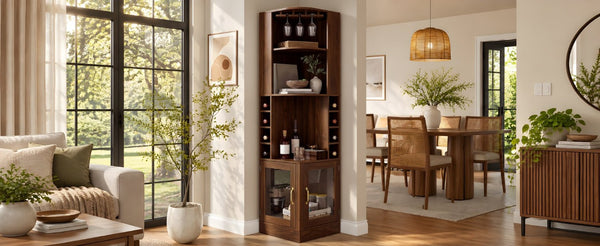 English Elm 70 Inch Corner Bar Cabinet with Stemware Rack Wine Cubbies and Tempered Glass Doors Walnut+Gold N752P508255D