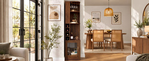 English Elm 70 Inch Corner Bar Cabinet with Stemware Rack Wine Cubbies and Tempered Glass Doors Walnut+Gold N752P508255D