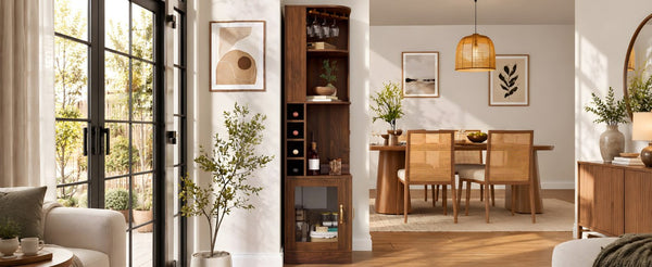 English Elm 70 Inch Corner Bar Cabinet with Stemware Rack Wine Cubbies and Tempered Glass Doors Walnut+Gold N752P508255D