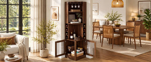English Elm 70 Inch Corner Bar Cabinet with Stemware Rack Wine Cubbies and Tempered Glass Doors Walnut+Gold N752P508255D
