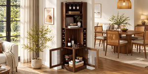 English Elm 70 Inch Corner Bar Cabinet with Stemware Rack Wine Cubbies and Tempered Glass Doors Walnut+Gold N752P508255D